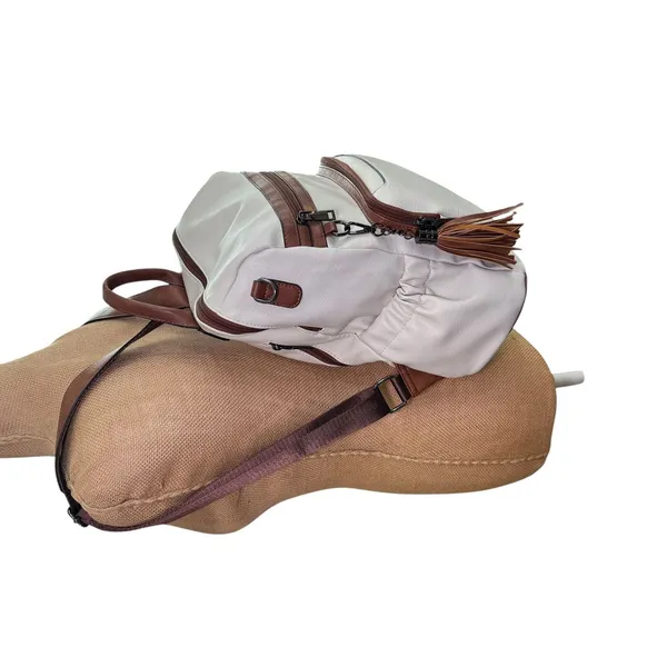 Convertible Backpack Shoulder Bag‎ Satchel Purse White Brown Vegan Leather - Image 3