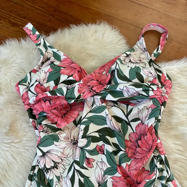 Pink White & Green Floral Open Back Ruched One Piece Swimsuit - Image 3