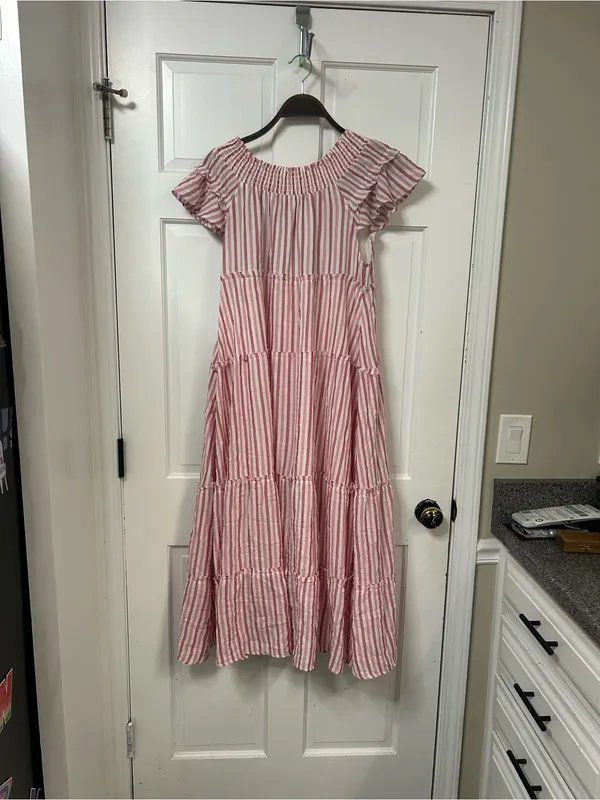 Free People Pink and White Striped Tiered Maxi Dress - Image 3