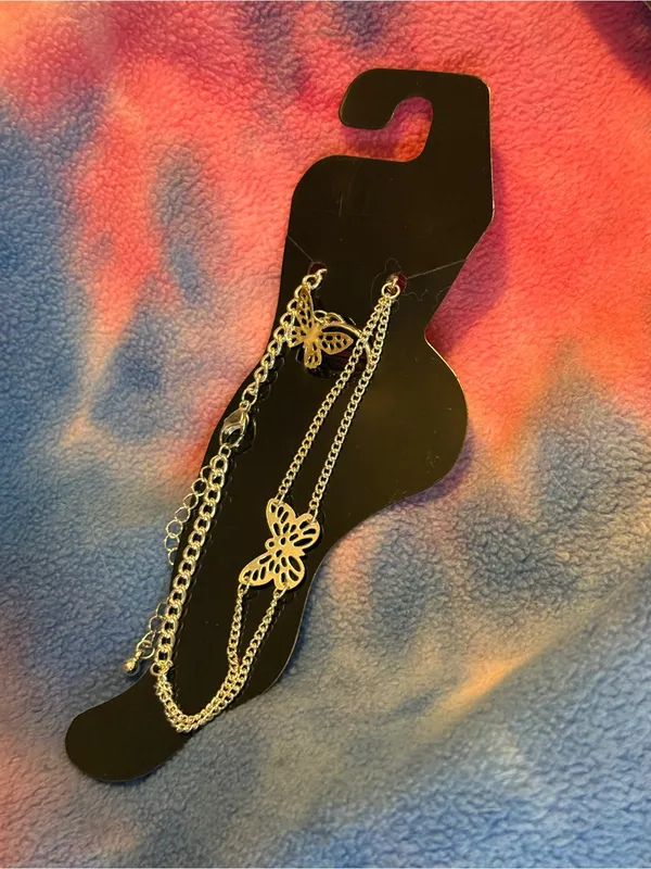 Silver Butterfly Layered Anklet with Toe Ring- Women Accessories - Image 2