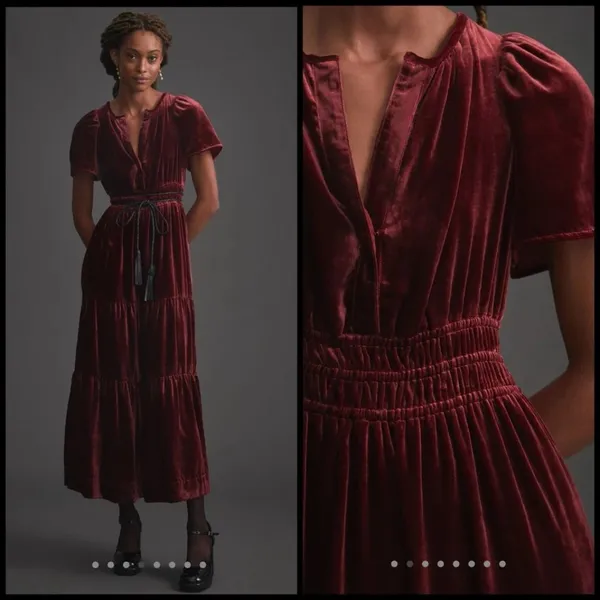 NWT by Anthropologie The Somerset Maxi in Red Maroon Velvet Edition Dress XS - Image 3