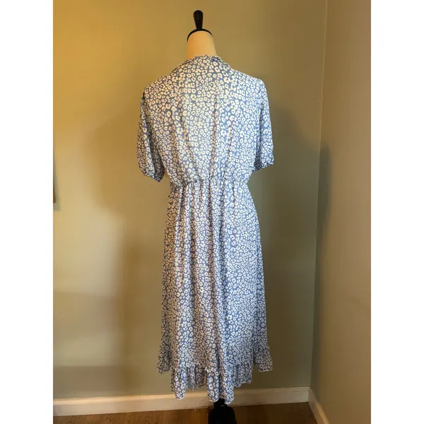 Blue White Floral Leopard boho Ruffle Midi Dress Puff Sleeve M y2k resort dainty - Image 4
