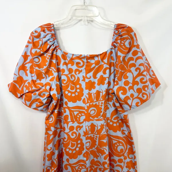 Talbots Size‎ 10 Midi Dress Puff Sleeve Poplin Floral Orange Blue Fit Flare 1526 - Image 11