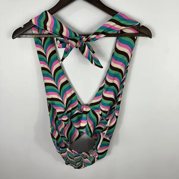 Zara Halter Crop Top Womens XS Multicolor Retro‎ Psychedelic Wavy Print Boho - Image 2