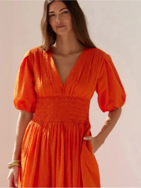 AYR Extra Extra Midi Dress Cara Orange Smocked Waist Tiered Cotton Size Small - Image 3