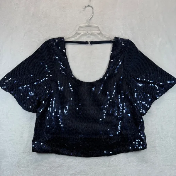 Free People Sequin Top‎ Party Blouse Sparkly Navy Blue Short Sleeve XS READ - Image 3