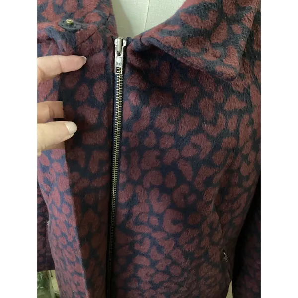 Ann Taylor Loft Womens Burgundy Navy Leopard Print Wool Blend Car Coat Size M - Image 3