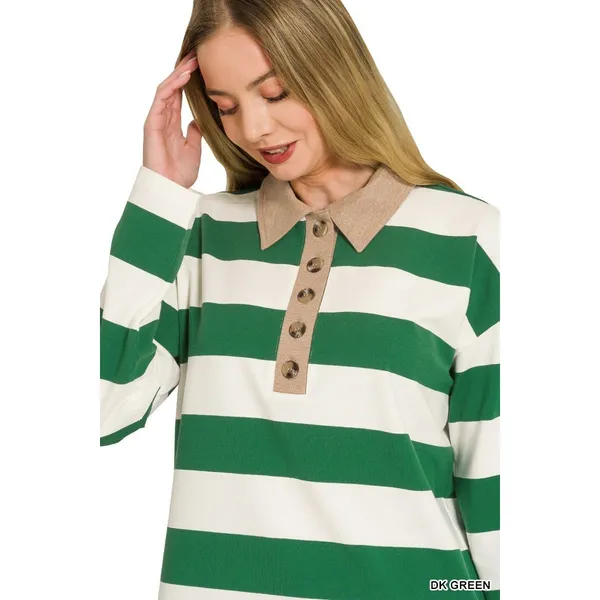 Zenana Striped Contrast Collar Polo Top - DK Green‎ - Small - Image 2