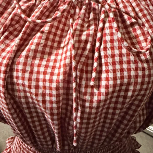 Elegant Red Gingham Smocked Blouse Size M - Image 4