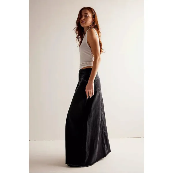 Free People Bohemian Grunge Come As You Are Denim Maxi Skirt Washed Black 12 - Image 5