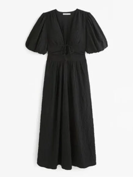 Abercrombie & Fitch Tie Front Textured Puffed Sleeves Maxi Dress Black M - Image 11