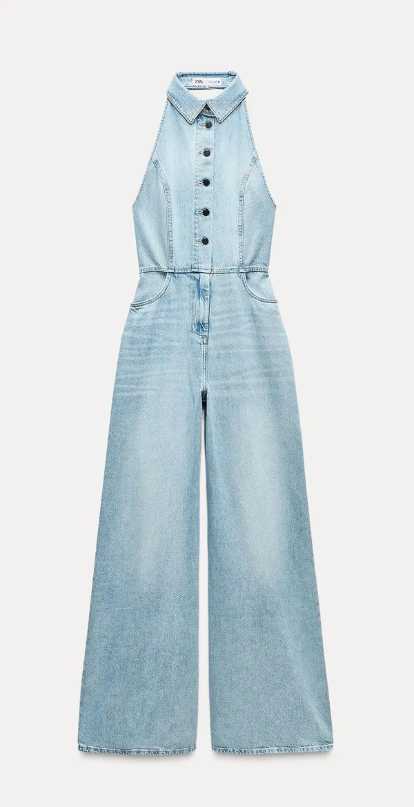 Zara jumpsuit denim halter wide leg open back bohemian casual summer - Image 10