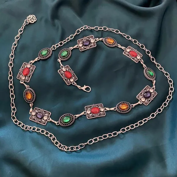 Silver Y2K Multicolor Jewel Whimsygoth Chain Belt, Fits 27-55 Inches, X7GA1416 - Image 6