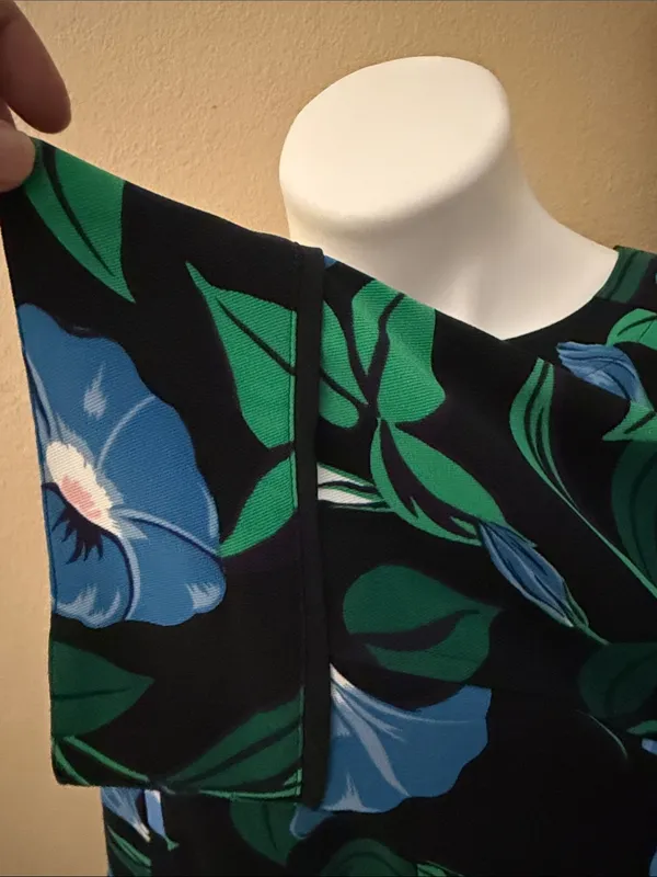 Ann Taylor Black Floral Keyhole Blouse with Blue & Green Motif - Image 4
