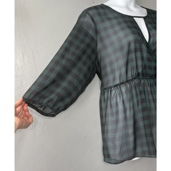 Torrid Sheer Top Plus Size 3 3X Green Black Checkered Gingham Peasant Babydoll - Image 2