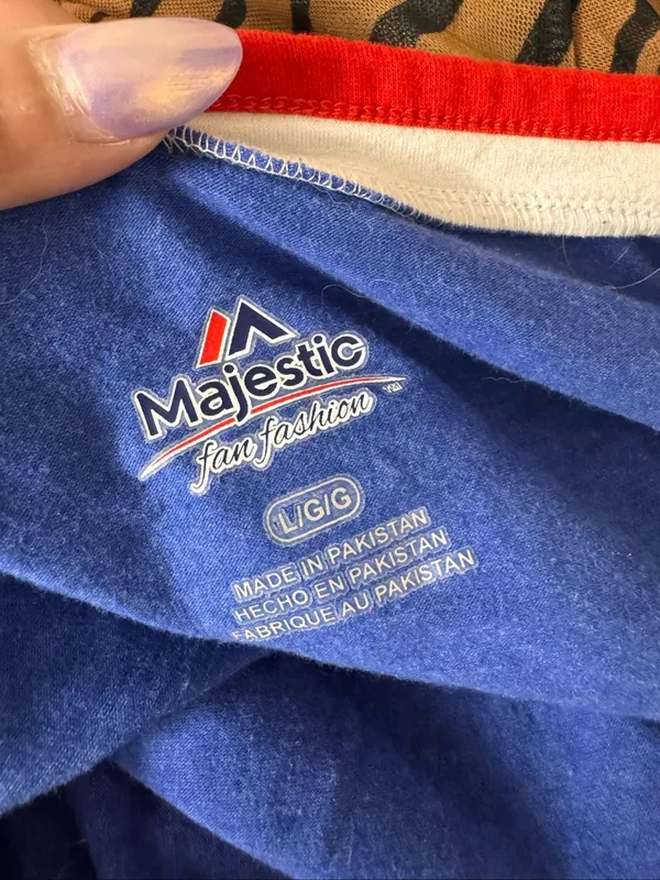 Majestic Chicago Cubs Metallic Foil V-Neck Ringer T-Shirt Womens Large Blue - Image 6