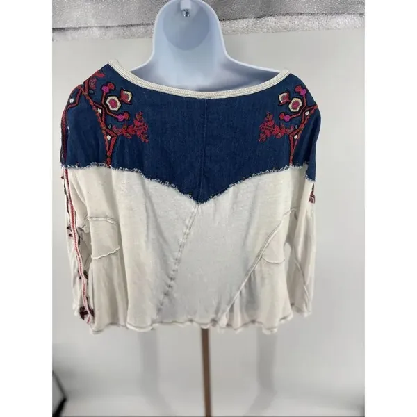 Free People We The Free Rio Henley Small Cream Navy Embroidered Indie Boho - Image 8