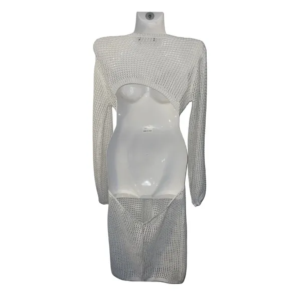 Long Sleeve Crochet Knit Cutout Beach Cover Up Dress Beach Resort Vacation - Image 2