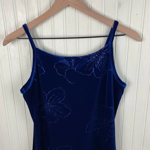 Vintage 90s Y2K Blue Velvet Flower Maxi Slip Dress Whimsigoth Fairycore Medium - Image 10