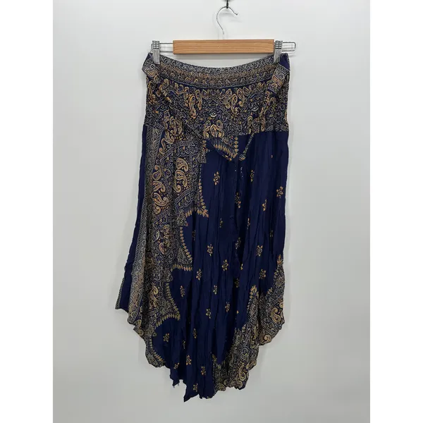 Boho Indie Sleeze Navy Blue Paisley Smocked Waist Handkerchief Hem Skirt L/XL - Image 3