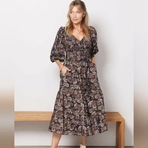Cleobella Carly Paisley Dress Smocked Pockets XL Avalon Black - Image 2