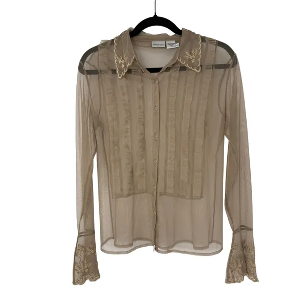 Newport News Vintage Sheer Mesh Blouse Size 8 Embroidered Lace Ruffle Y2K - Image 3
