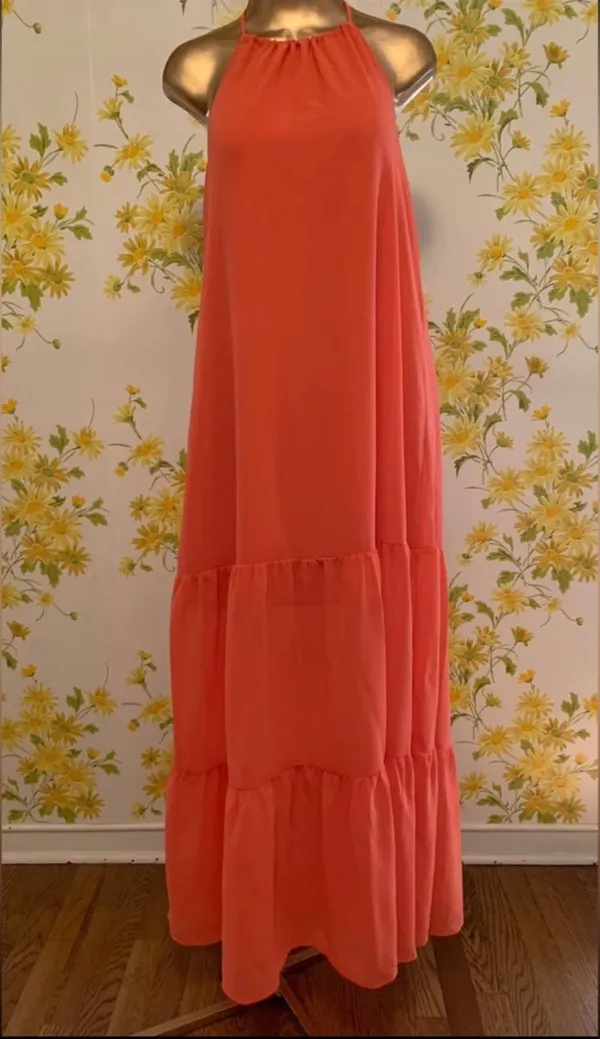 Backless Halter Tiered Maxi Dress in Orange size M - Image 7