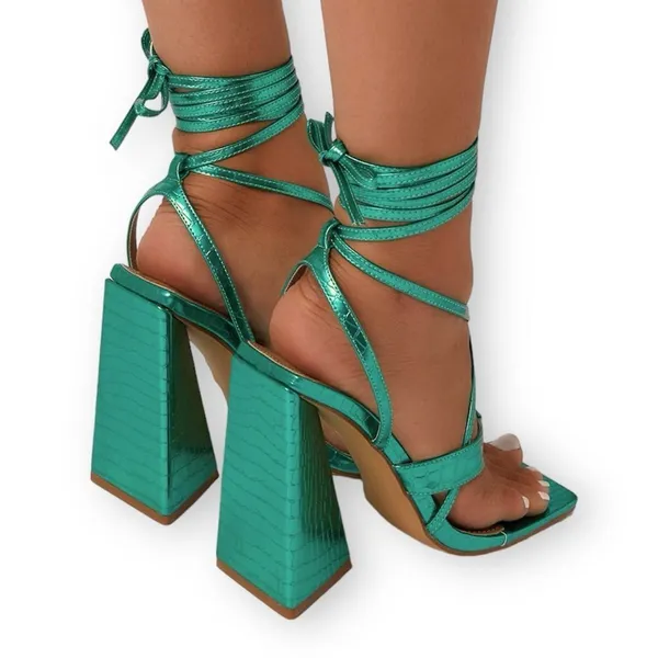 EGO Salma Teal Green Metallic Croc Pyramid Heel Tie Sandals Size 5 - Image 4