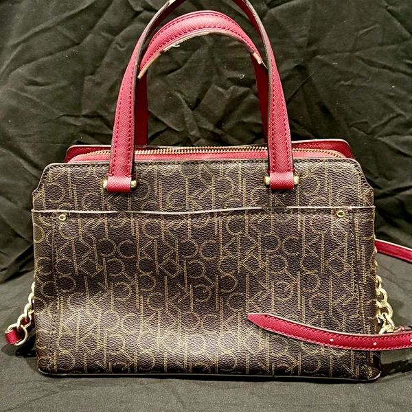 Calvin Klein Monogram Satchel in Brown and Red with gold accents - Image 2