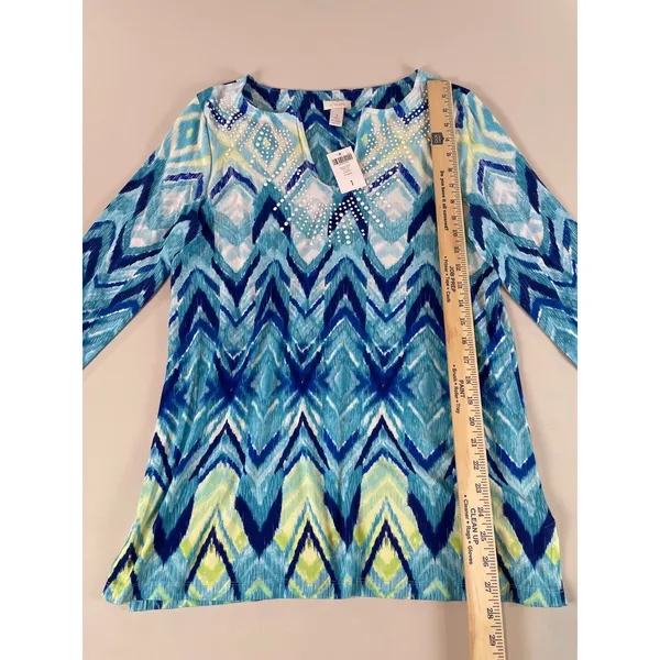 Chicos Aquatic Merge Blue Yellow Sequin Tunic Top Size 1 US Size M New With Tag - Image 6