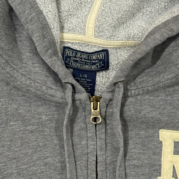 VTG Ralph Lauren RL 67 Grey Full Zip Hoodie Sweatshirt Women's L LG Cotton Blend - Image 3