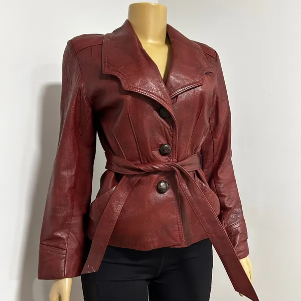 Womens Genuine Leather Belted Blazer Jacket Burgundy Size‎ Small - Image 2