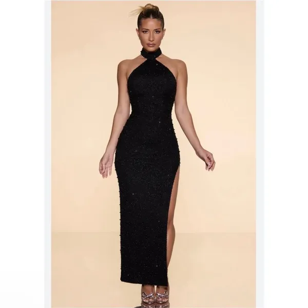 Oh Polly Positano Embellished High Neck Split Maxi Dress in Black Size 4 New - Image 3