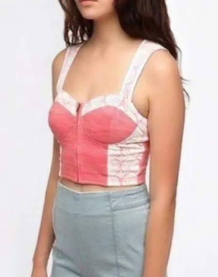 Urban Outfitters Pink/red and white lace cropped zip up top - Image 2