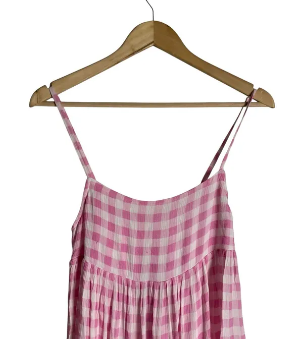 Playa Lucila Pink Check Gingham Empire Slit Maxi Slip Dress Picnic Preppy XS - Image 4