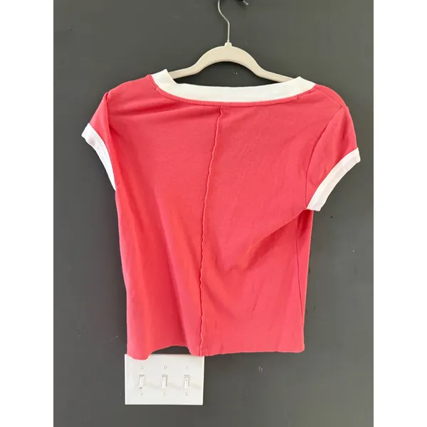 Pilcro Womens Coral Pink Ribbed V-Neck Ringer Tee Short Sleeve Top Small - Image 5