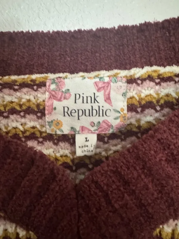 Pink Republic Striped V-Neck Sweater in Burgundy, Cream & Mustard cropped - Image 4