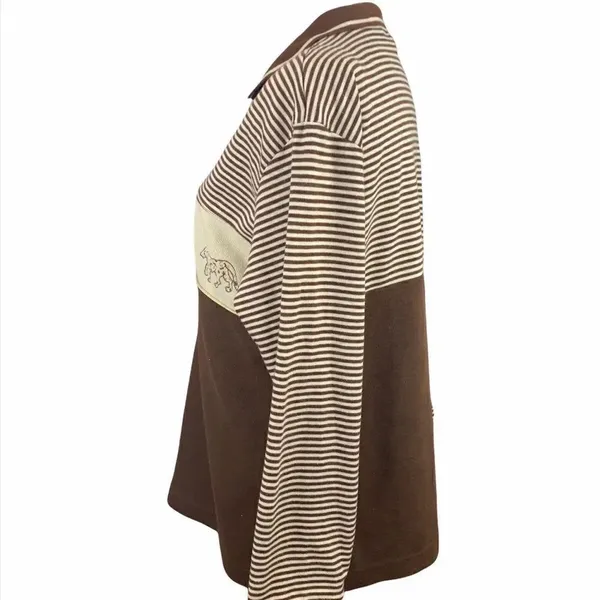 Vintage 80’s brown striped safari theme collar top Brown Size M - Image 2