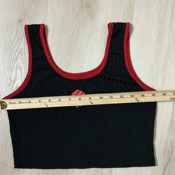 Y2K‎ Black Ribbed Crop Tank Top Red Trim Embroidered Mushroom Women's Size M - Image 4
