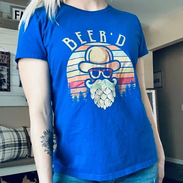 Funky Beer Beard Fruit of the Loom Blue Graphic T Shirt - Image 2