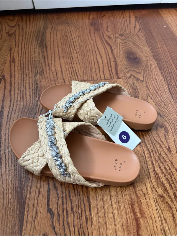 a new day Braided Crystal-Accent Slide Sandals in Natural Size 6 New - Image 3