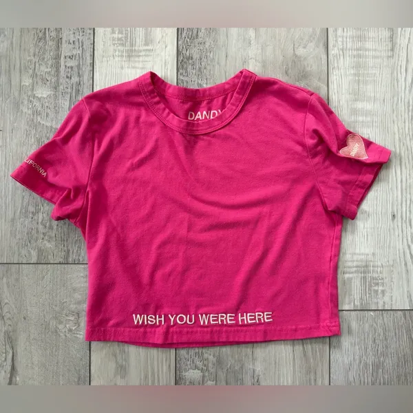 Dandy Worldwide Embroidered ‘Wish You Were Here’ Y2K babydoll cropped tee small - Image 7