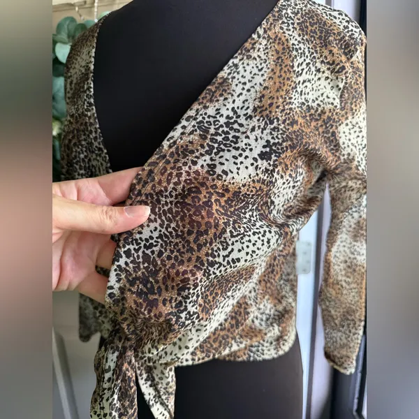 Vintage 90s August Silk mesh wrap tie animal print top, size large - Image 4
