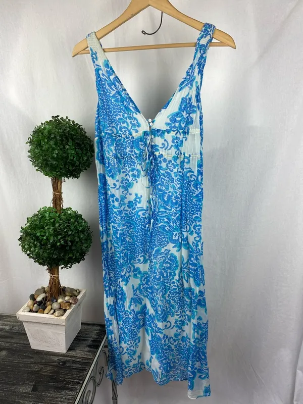 Zara Silk Blend Blue & White Floral Print Sleeveless Midi Summer Dress XS - Image 3