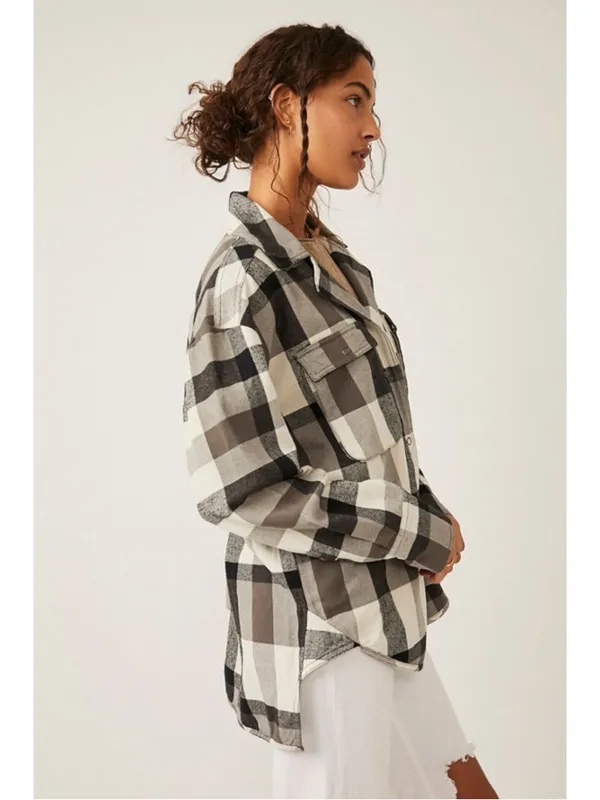 We The Free Free People Izzie Plaid Oversized Cargo Shirt Jacket Shacket Large Grunge 90s - Image 3