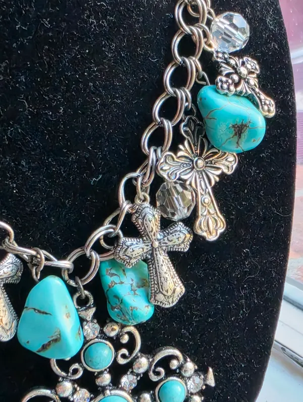 Western Turquoise & Crystal Cross Charm necklace - Image 4