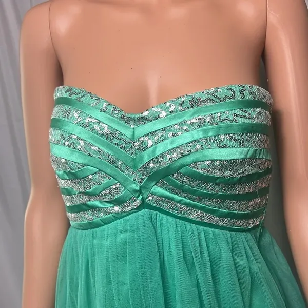 Sequin Hearts Green Strapless Sequin Tulle Fit Flare Dress Lace Up Back Size 5 - Image 2
