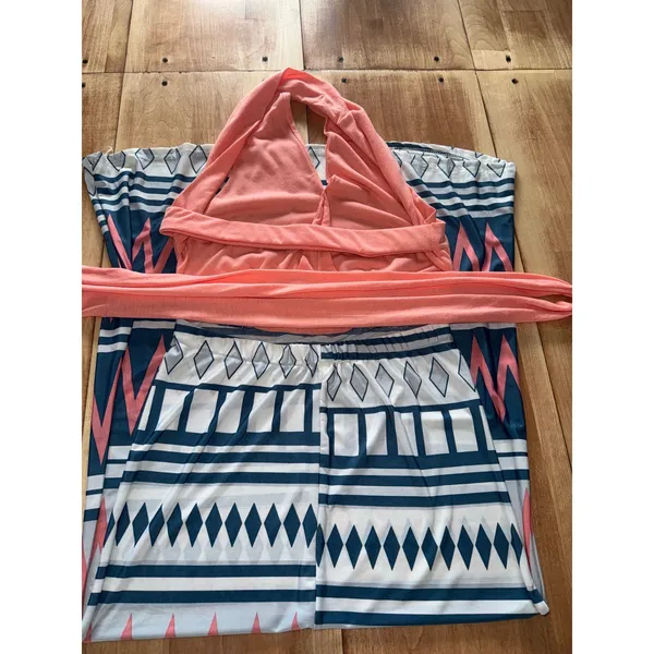 Boho Geometric Print Halter‎ Maxi Dress Coral Blue White Summer Vacation Resort - Image 5