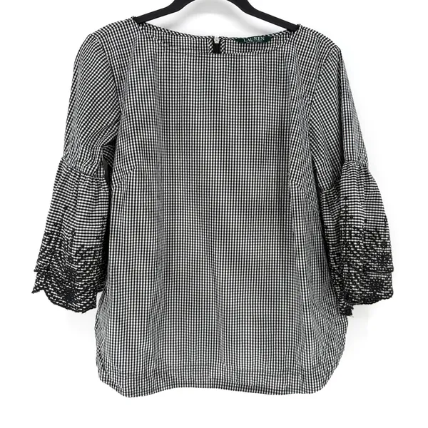 Lauren Ralph Lauren Blouse Gingham Black White Embroidered Bell Sleeve Top M/L - Image 2