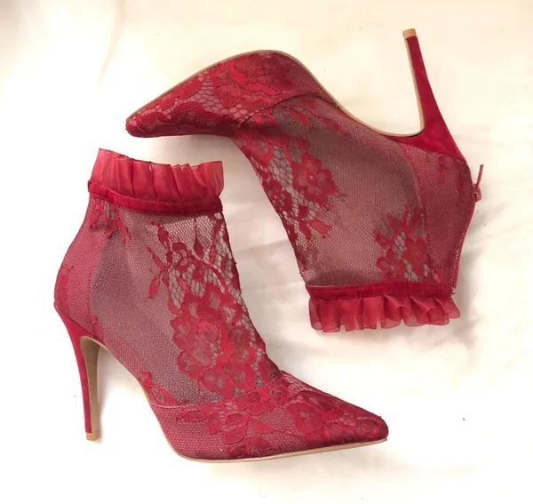 Red mesh high heel ankle 4” stiletto heels boots booties lace detail and ruffle trim - US Women 7.5 Very comfortable & sturdy to walk #whimsygoth #grunge #romantic #coquette - Image 2